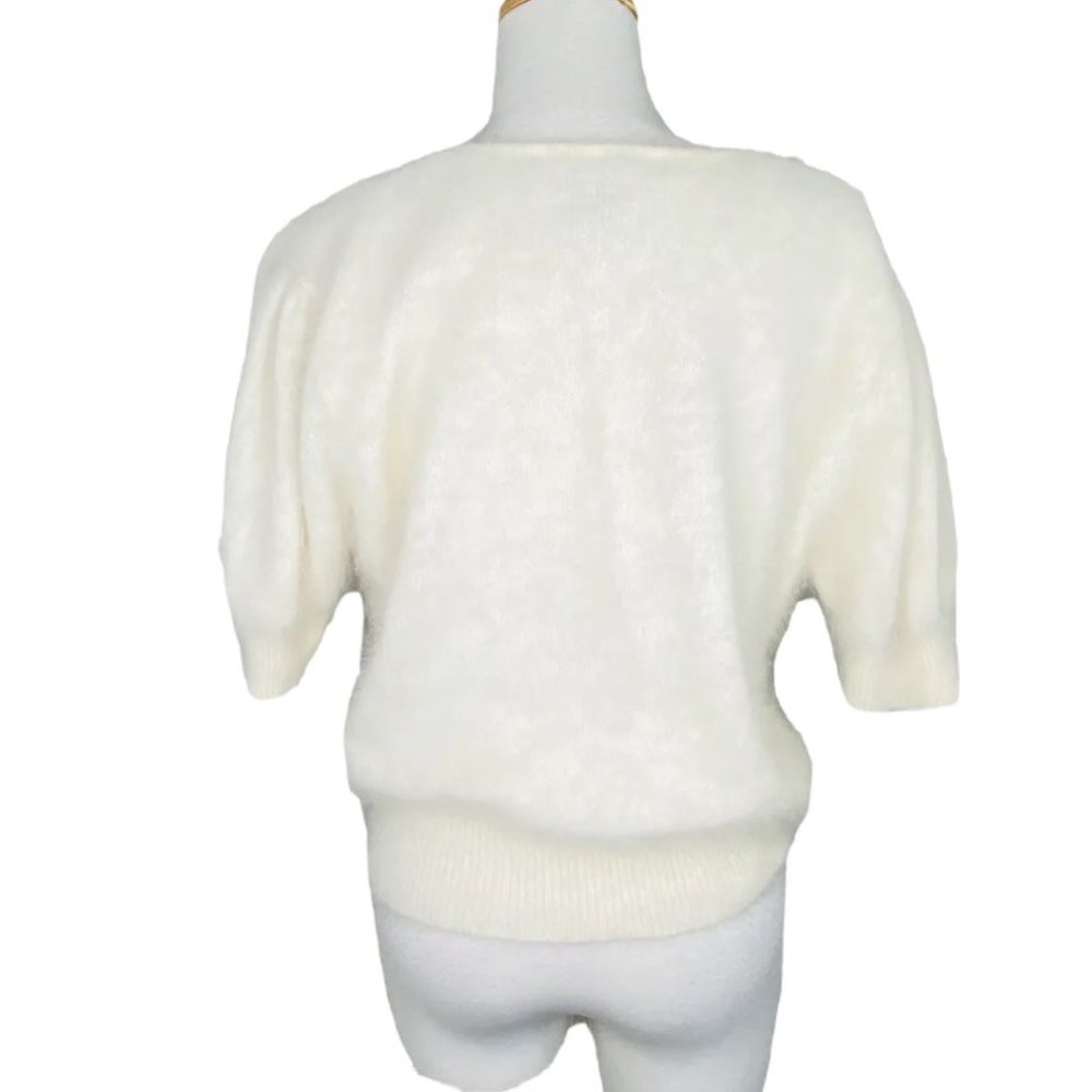 I B DIFFUSION Angora Sweater Dolman Sleeve Ivory Beaded Bow Accent Vintage Top - Picture 7 of 14